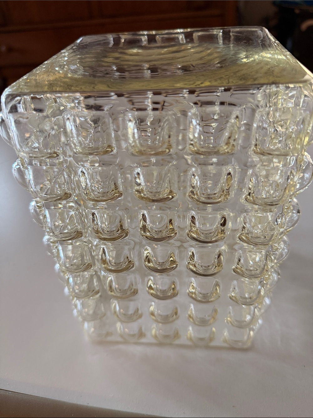 Vintage Crate & Barrel Gridlock Clear Bubble Vase. Small chip. Amber tint.